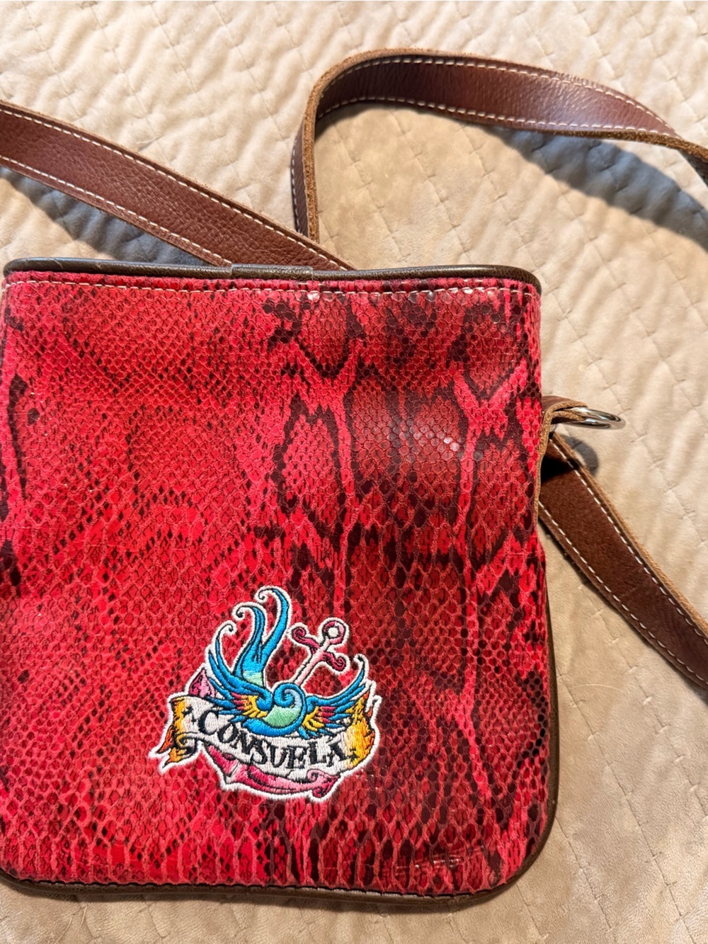 Consuela Red Snake-Print Crossbody with Colorful Floral Lining